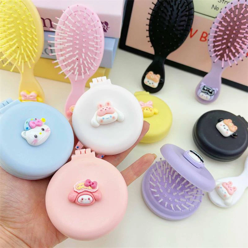 

Cute Sanrio Handle Airbag Comb Folding Mirror Comb Hello Kitty Kuromi Melody Foldable Comb Mirror One-piece Girly Makeup Mirror