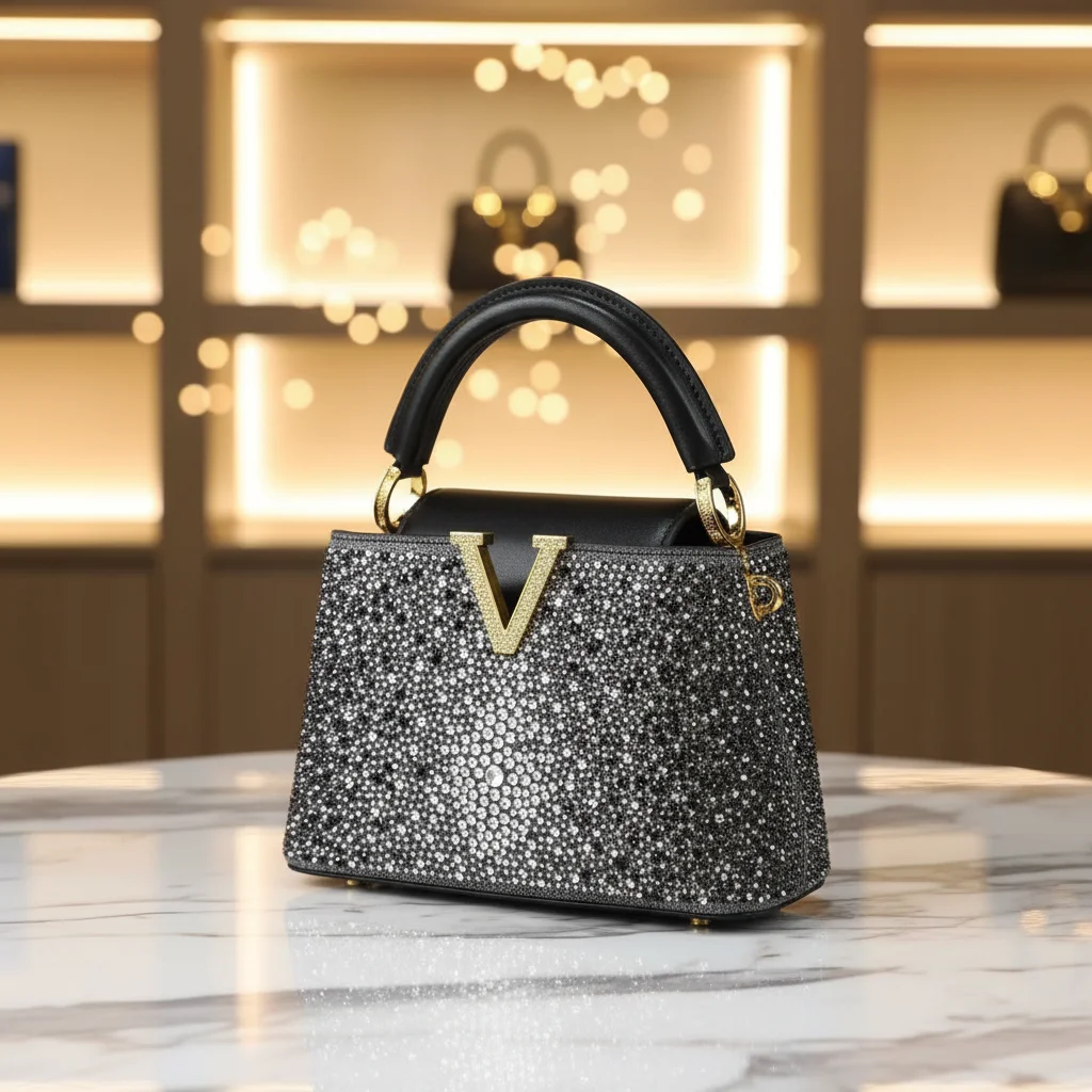 Hot Cross-border Rhinestone PU Handbag Women's New Fashion Bucket Cover Small Party Daily Bag Luxury Evening Crossbody Bag 21CM