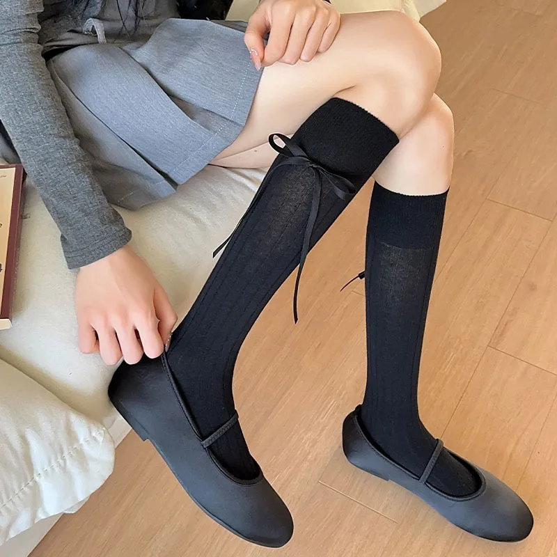 Women's Socks High Quality Solid Color Bow Sweet Knee High Socks Femme Brew Thin Soft Cute Ladies Stockings Striped
