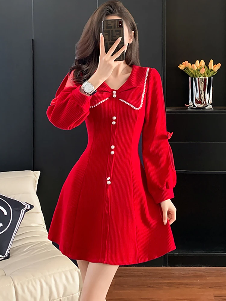 Vermelho veludo grosso quente mini vestido feminino outono inverno elegante miçangas boneca colarinho vestido 2025 coreano vintage hepburn vestido de baile