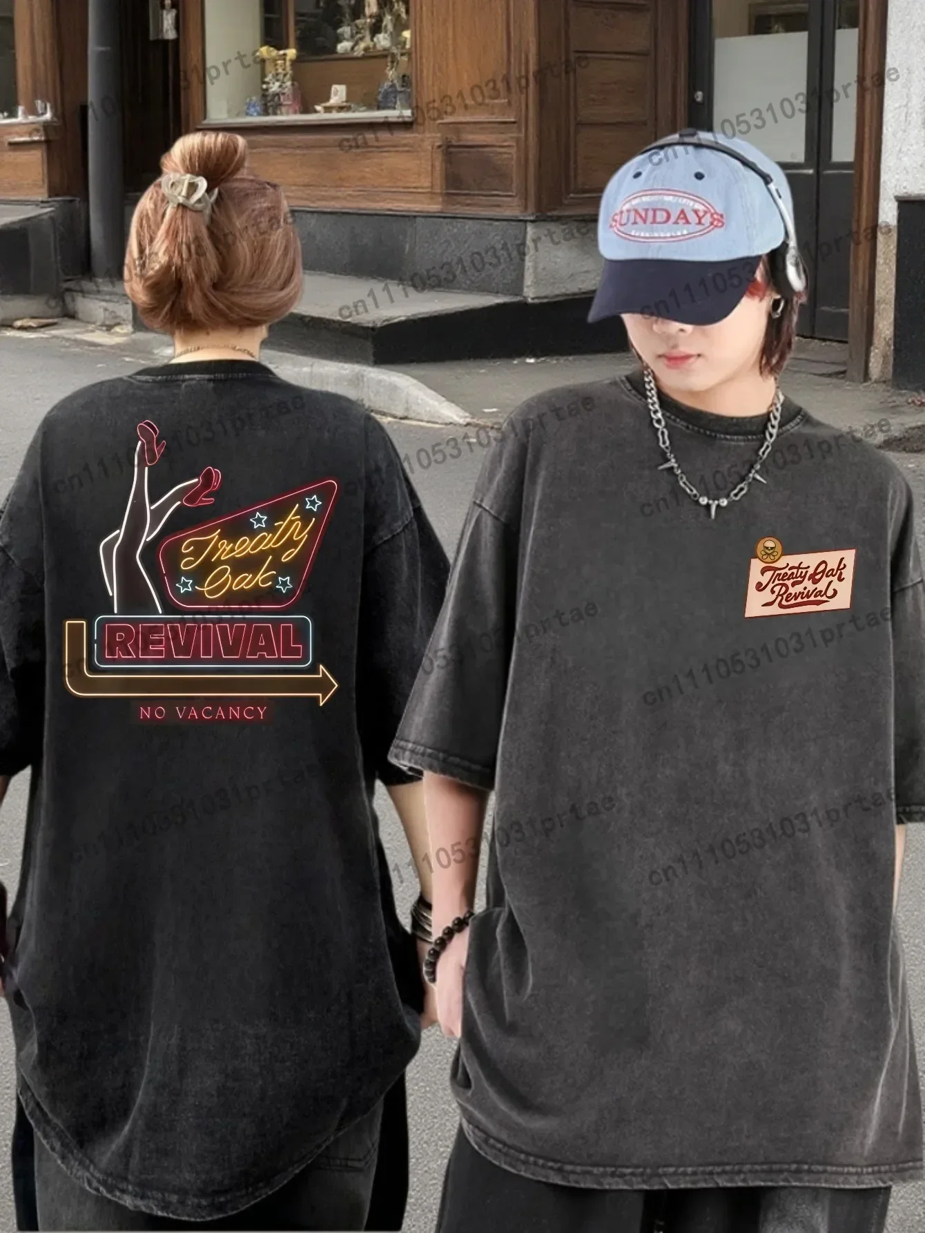 Vintage Washed Oversized Black Tshirt Graphic Men Women Clothing Neon Sign Dancer Revival No Vacancy Treaty Oak Revival Black