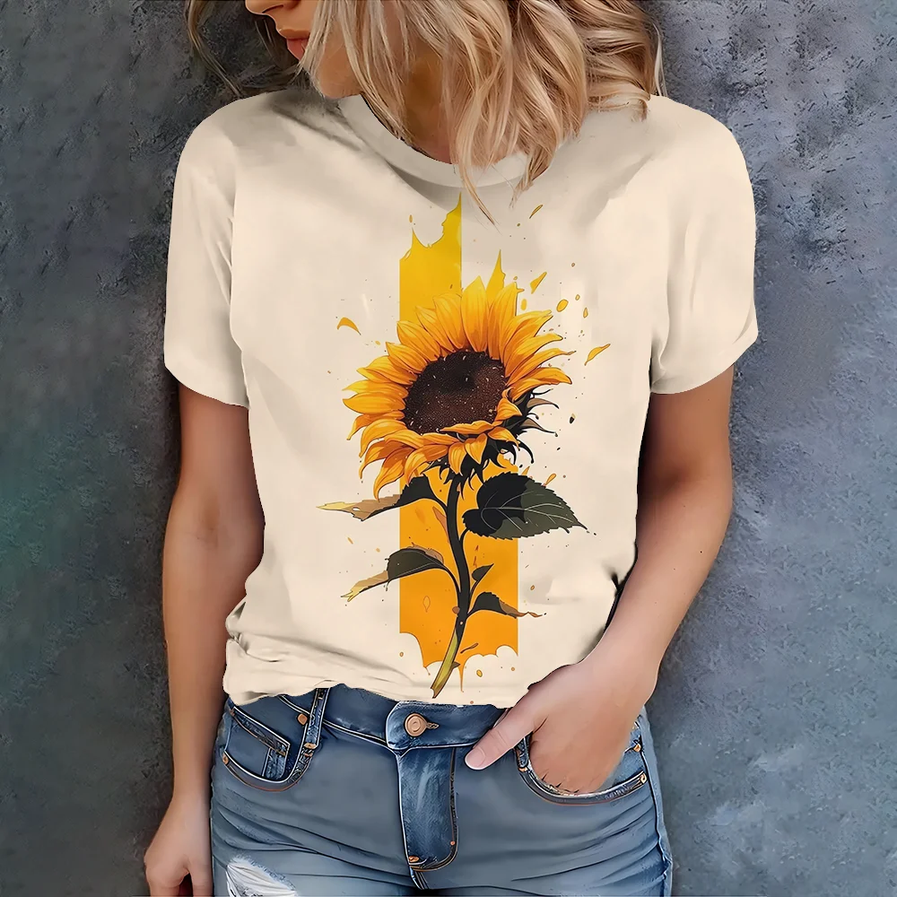 

Sunshine Vitality Wind Rice Белая женская летняя повседневная футболка с принтом подсолнечника, свежая универсальная футболка с коротким рукавом