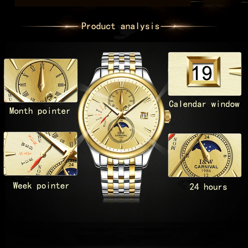 CARNIVAL Luxury Gold Watch For Men Automatic Mechanical Watch Top Brand Luxury Clock Weekly Calendar Display 2024 New Style 8732