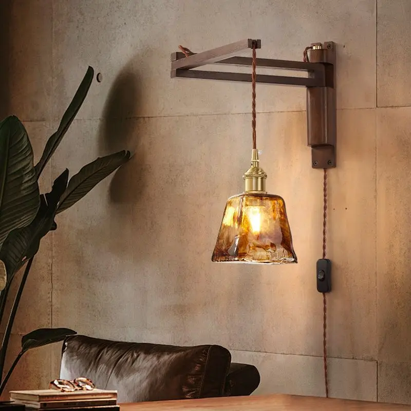 Retro folding wall lamp, walnut color living room study entrance retractable wiring-free lamp