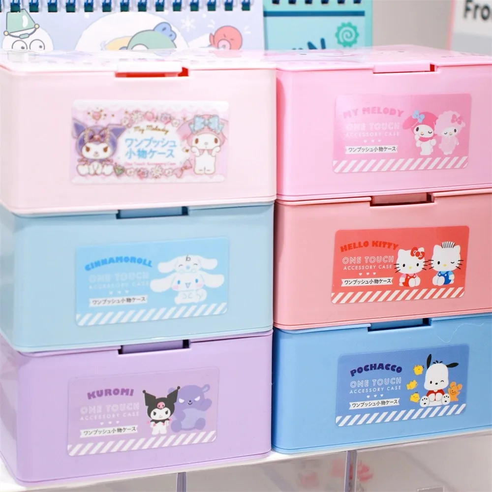 New Kawaii Sanrio My Melody Kuromi Cinnamoroll Cotton Swab Jewelry Storage Box Press Pop Cosmetics Box Sundries Organizer Box