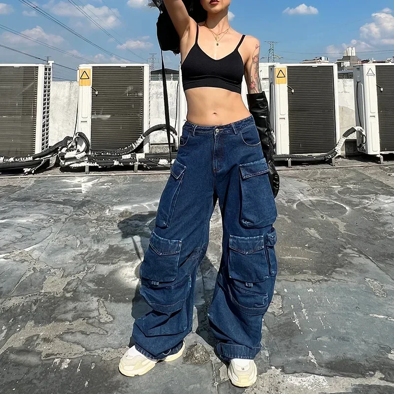 Personality Stitching Denim Trousers Autumn New Fashion High Waist Big Pockets Loose Casual Wide-leg Pants Women's Wear