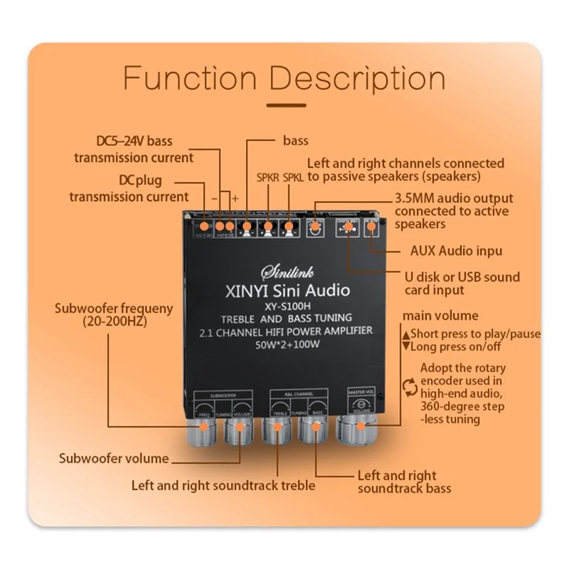 XY-S100H HIFI TPA3116D2 Bluetooth 5.0 Subwoofer Amplifier Board 50WX2+100W 2.1 Channel Power Audio Stereo Bass USB AMP