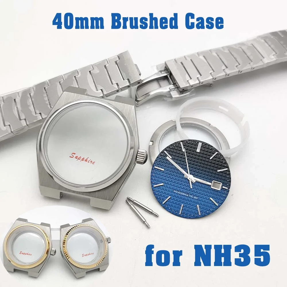 

40mm Brushed Case with Dial and Hands Steel NH35 Watch Case Strap with Sapphire Glass Watch Accessories for NH35A Movement