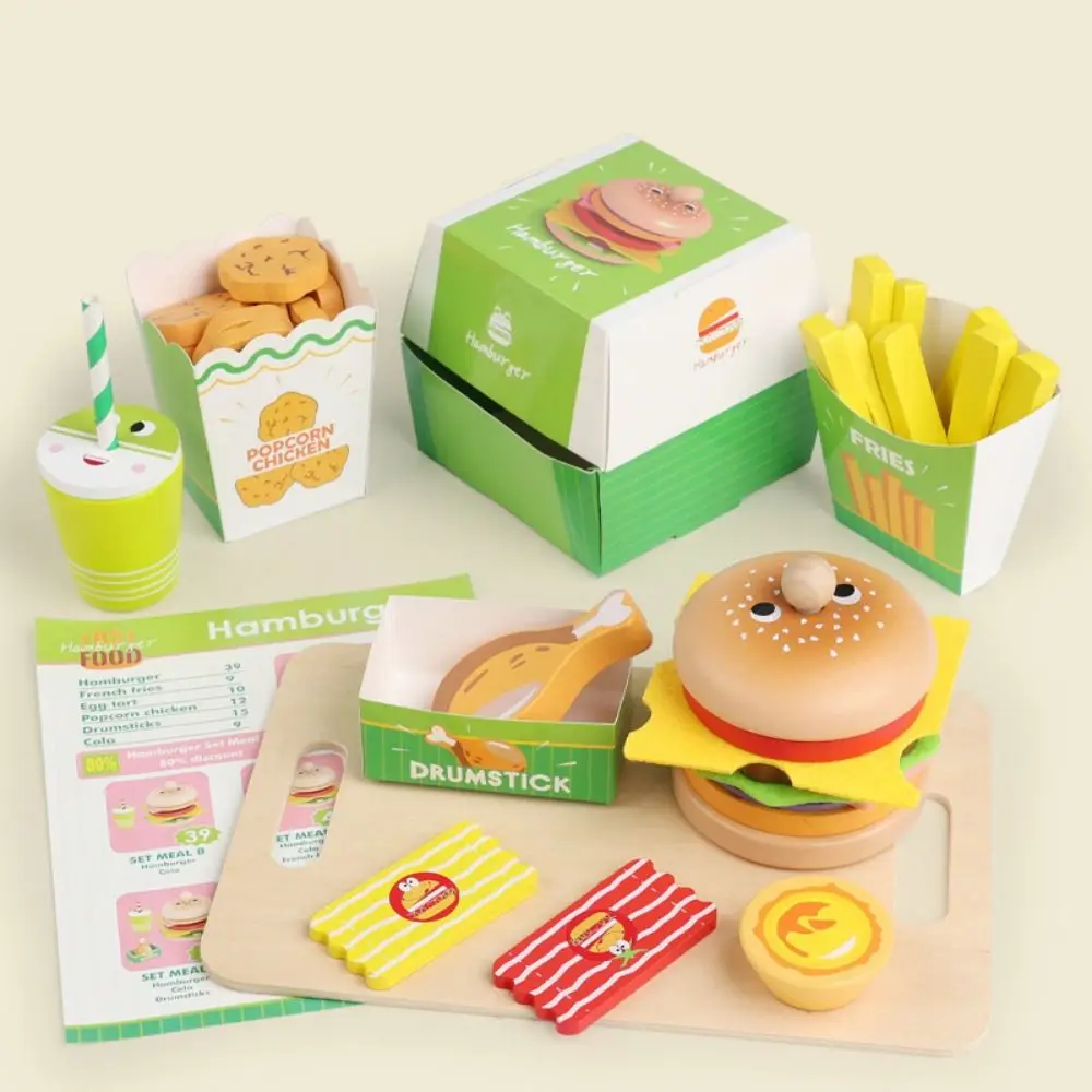 Casa de juegos de madera, juguetes para hamburguesas, juego de apilamiento, sándwich de hamburguesa, juego de simulación, cocina, juguetes de comida, artesanía exquisita