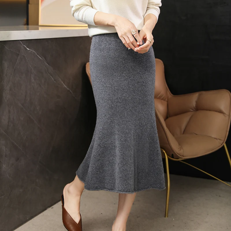 Autumn/Winter Knitted High Waist Medium length Women's Half length Skirt Pure Wool Sweater Slimming Fashion Cashmere Tail Skirts