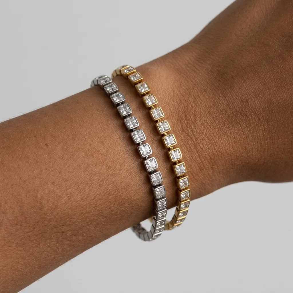 Minimalist Bling Square Cubic Zirconia Tennis Bracelet Waterproof Stainless Steel Stacking Bracelet For Women Party