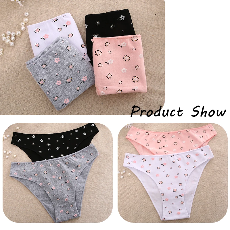 2PCS/Set Sexy Women Cotton Panties Low Rise Briefs Floral Printing Solid Color Female Underwear Breathable Soft Girls Intimates