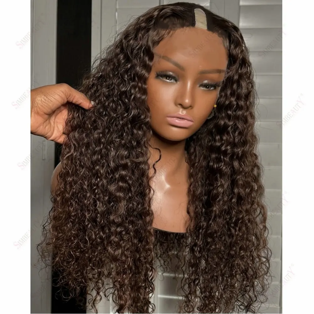 Lange, tiefe Locken, vollständig maschinell hergestellt, 1x4-Größe, V-Teil-Perücken aus Echthaar für schwarze Frauen, schokoladenbraun, klebefreie U-Teil-Perücken, einfach zu tragen – Detail 3