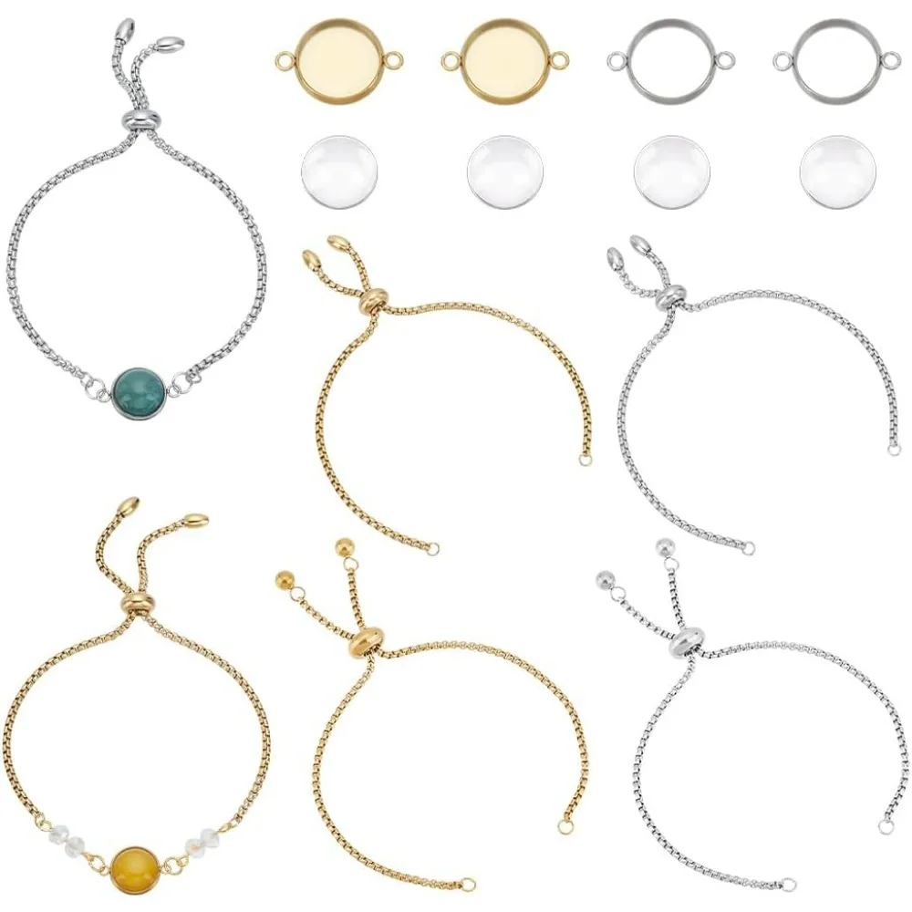 About 4 Sets 2 Colors 22cm/24cm Stainless Steel Adjustable Slider Bracelets with Cabochon Connectors and Clear Glass Making Kit