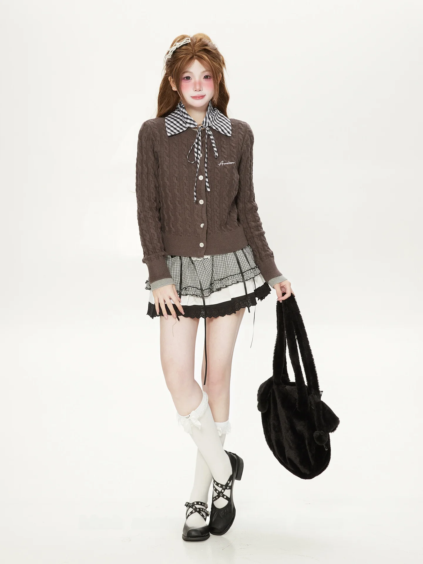 Suéter corto sin mangas de punto para mujer, estilo cárdigan ajustado, serie Miu, cuello desmontable, estampado trenzado, rop...