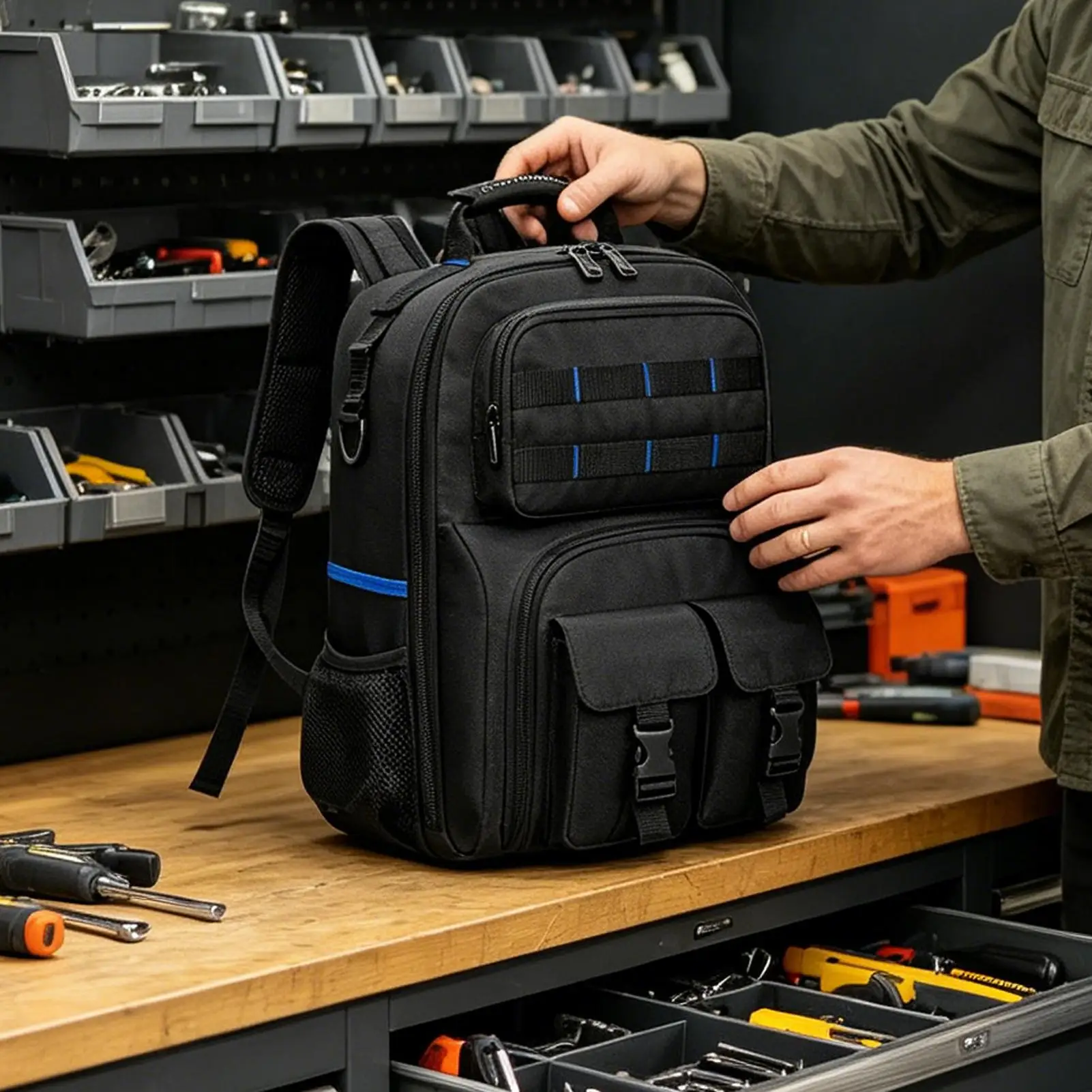 Tool Backpack Heavy Duty Tool Bag with Padded Shoulder and Removable Tool Hard bottomed tool kit with multiple pockets
