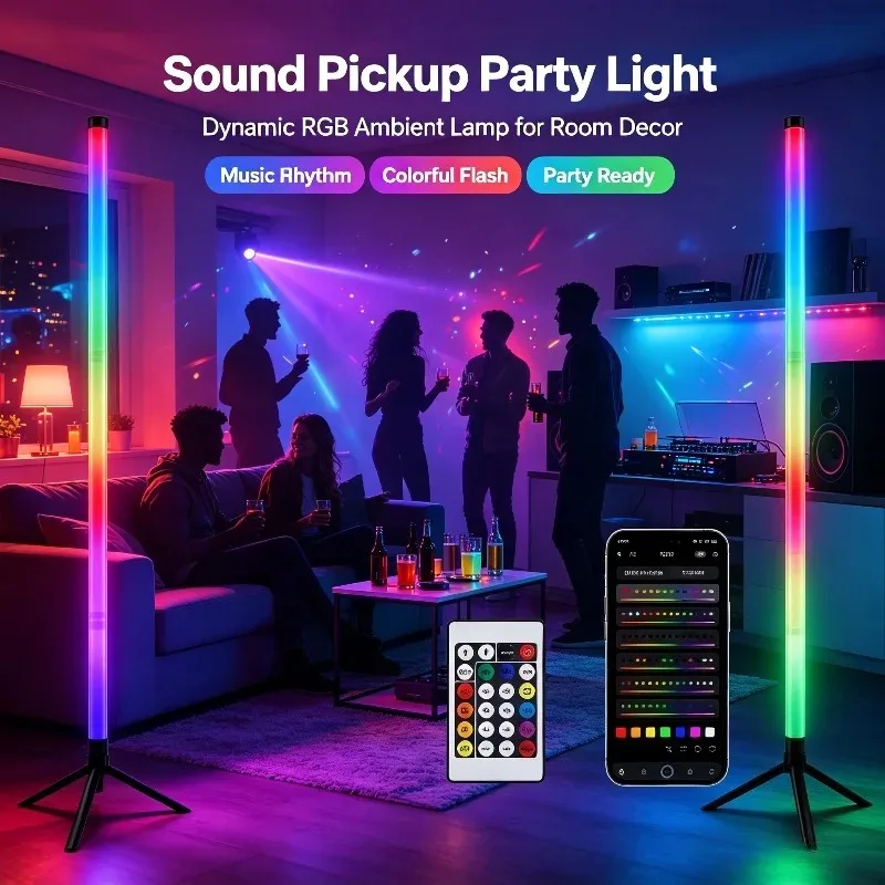 2 Lámparas de Pie RGB de 120 CM, Barra de Luz LED Reactiva al Sonido, Iluminación Ambiental para Sala de Juegos, Dormitorio, Configuración de Deportes Electrónicos