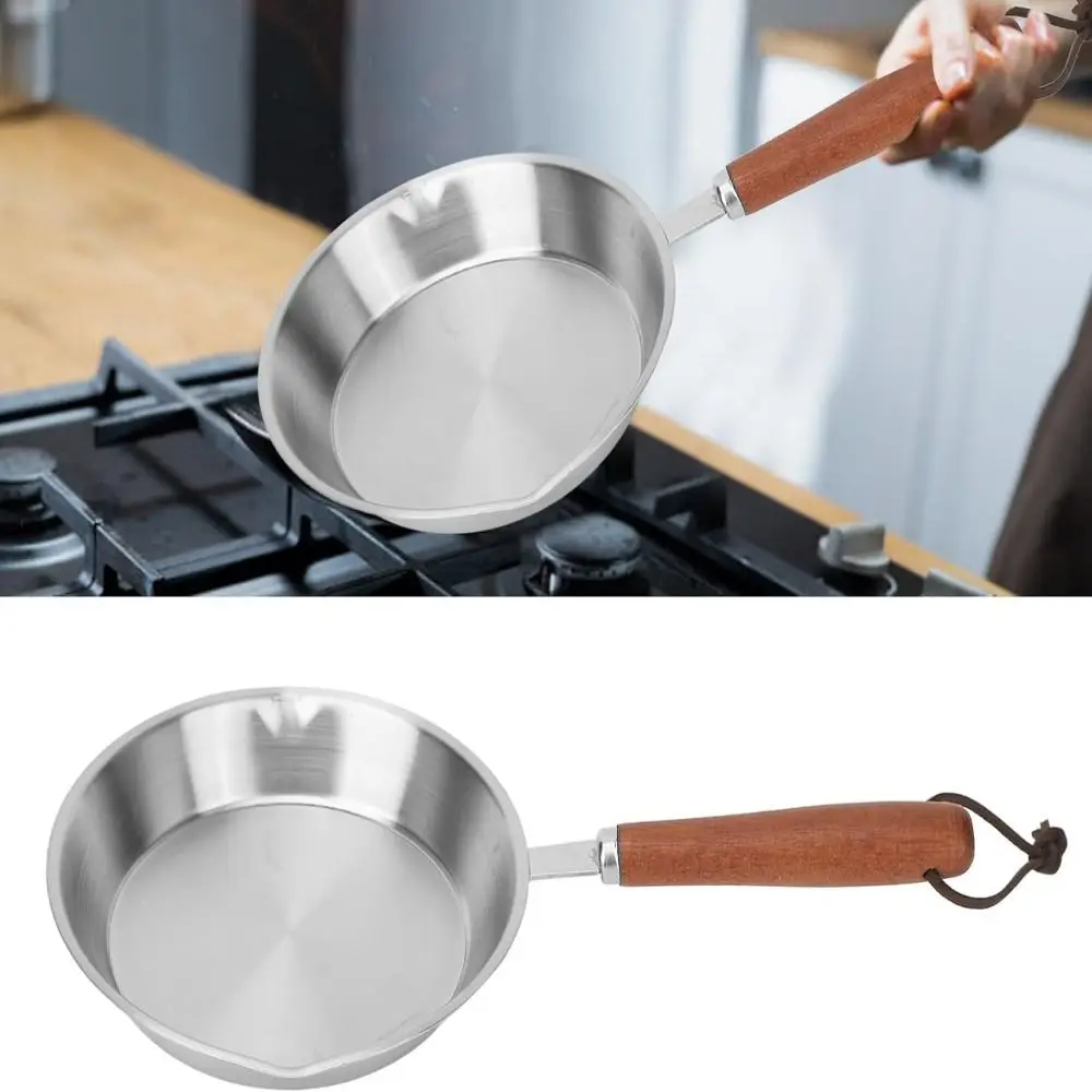 Flat Bottom Stainless Steel Frying Pan Wooden Handle Oven Safe Omelette Pan 12/16cm Small Cooking Pan Kitchen Cookware