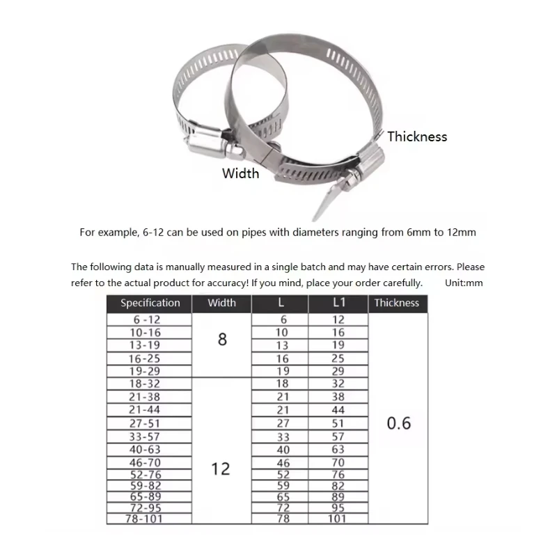 2/5pcs Worm Gear Hose Clamp 6-311mm Adjustable Key Clamp Hose Clip Stainless Steel for Water Pipe Automotive Mechanical