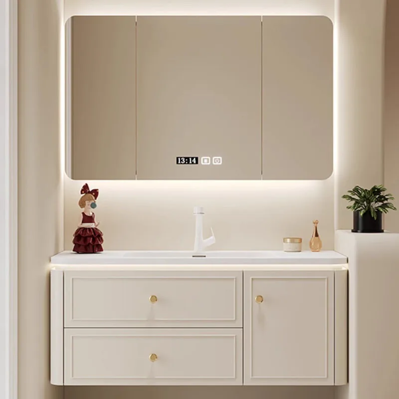 Light Luxury Solid Wood Intelligent Combination Bathroom Cabinet Bathroom Ceramic Integrated Basin Armoire Wash Hands Wash Stand