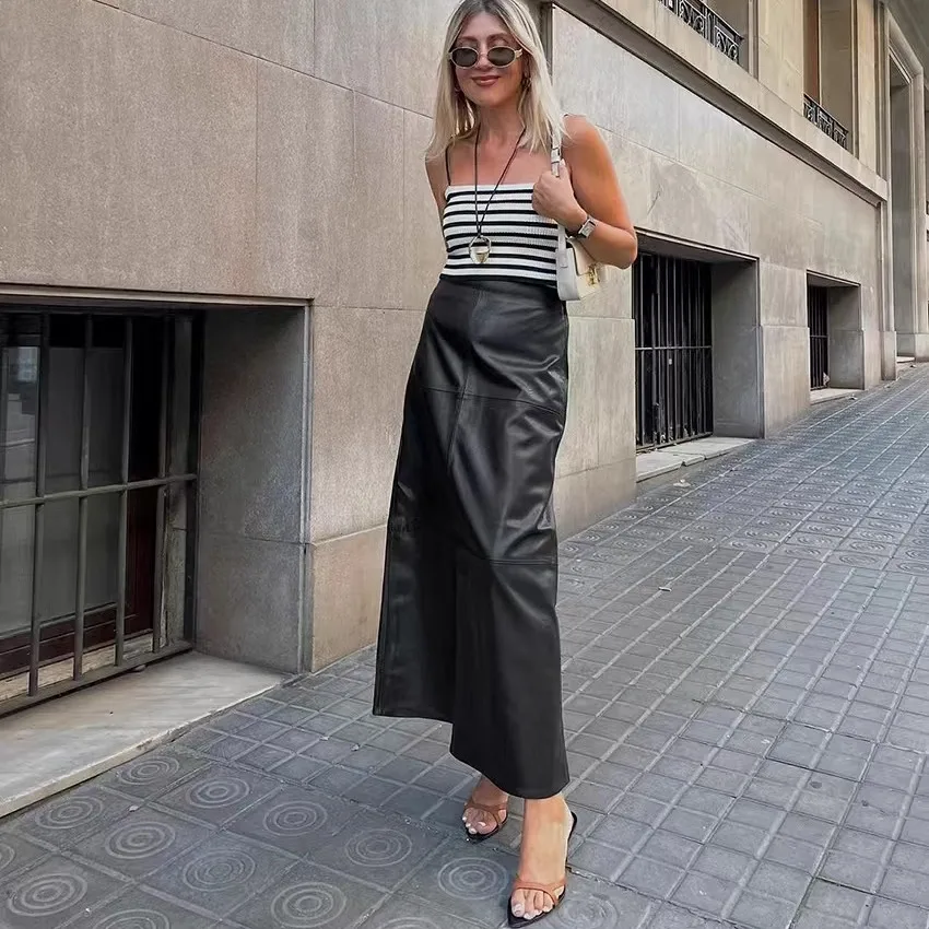 FCE-gefütterter PU-Leder-Splitrock mit hoher Taille für den Pendelverkehr, gerader Schlauch, mittellanger A-Linien-Farbrock für Damen