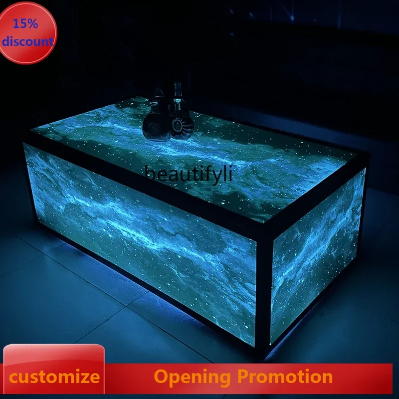 

KTV Coffee Table Desk European Club Bar Cassette Luminous Desktop Tempered Glass Stainless Steel G1218