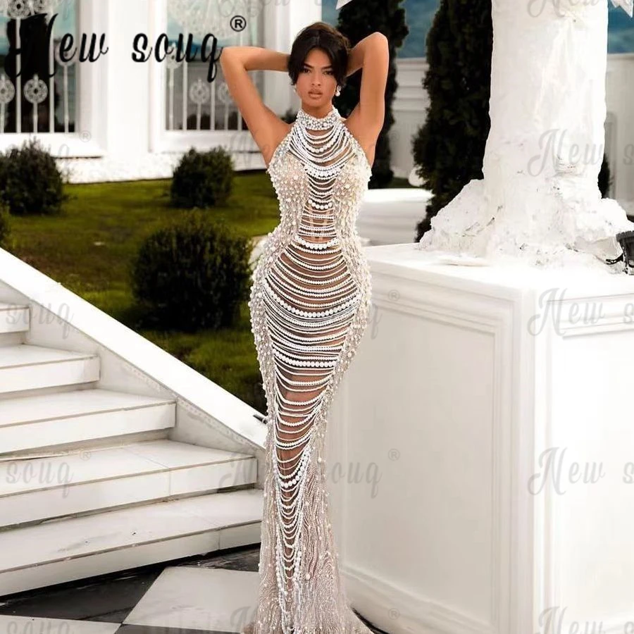 Full Pearls Tassel Mermaid Wedding Dress Halter Sleeveless Modern 2023 Women Bridal Gowns Customized Robe de Mariée Formal Dress