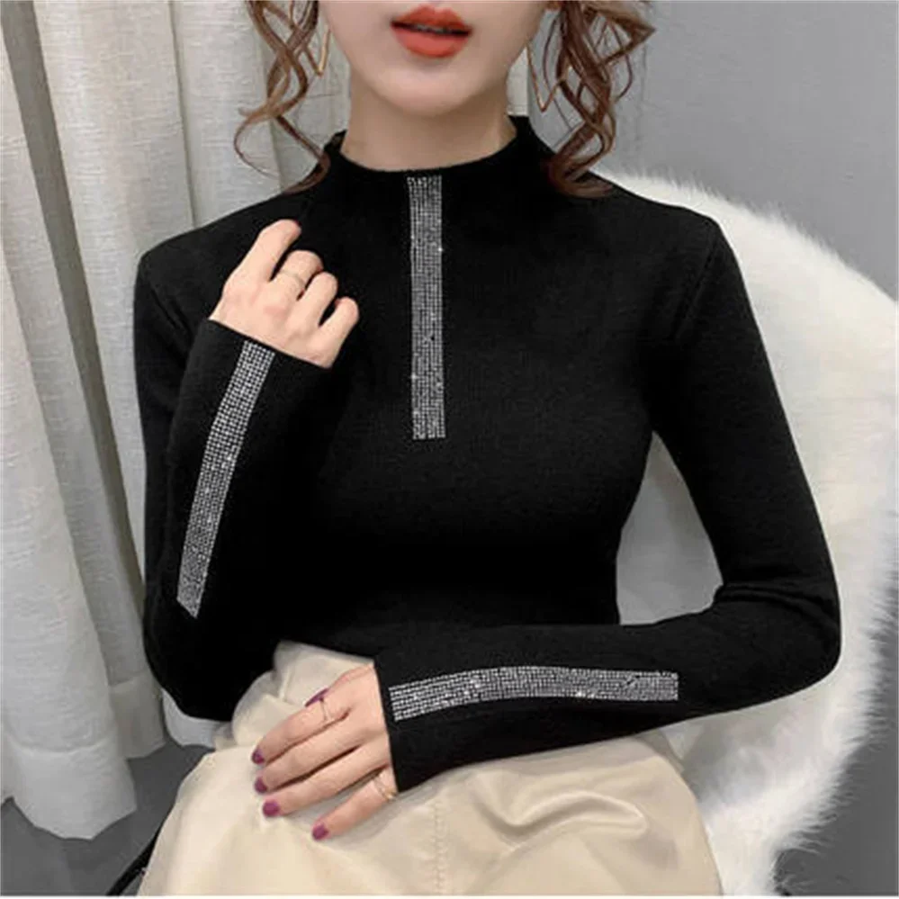 2023 Woman Sweaters Turtleneck Sweater Women's Underwear Fall/Winter Slim Rhinestone Pullover Top Sweater H1104