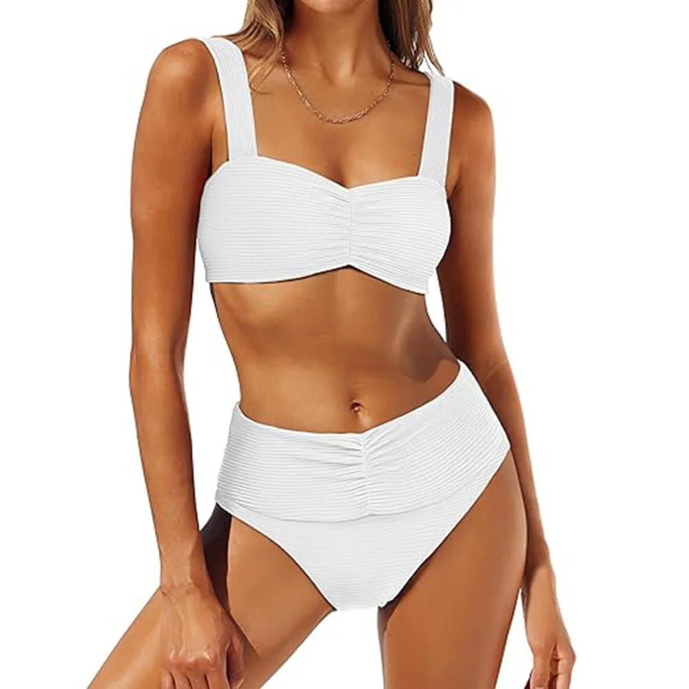 Wisuwore Trendy Women's High-Waisted Bikini Sets Adjustable Solid Color Summer  Swimsuit  Removable Pads Quick-Dry Beachwear