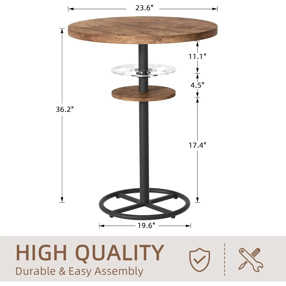Round Bar Table with 2-Tier Storage, 36 Inch High Top, Metal Frame & Base for Bistro, Pub, Living Room, Easy Assembly, Retro Br