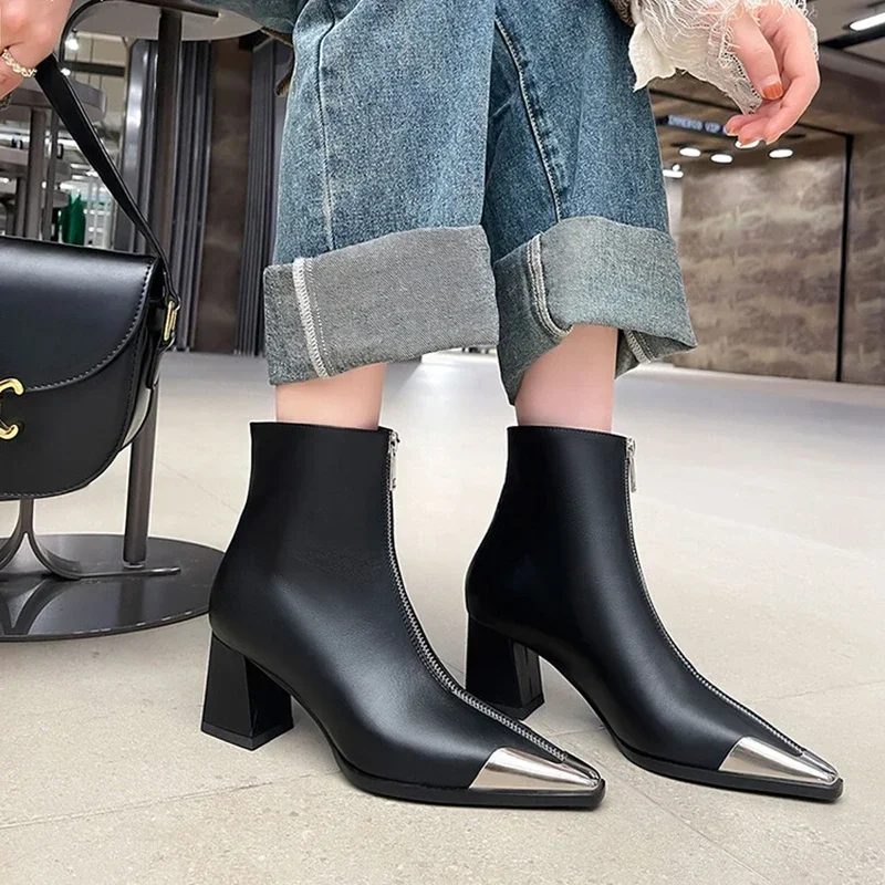 NEW Autumn Women Boots Split Leather Shoes for Women Pointed Toe Chunky Heel Shoes Zipper Ankle Boots Metal Buckle Modern Boots