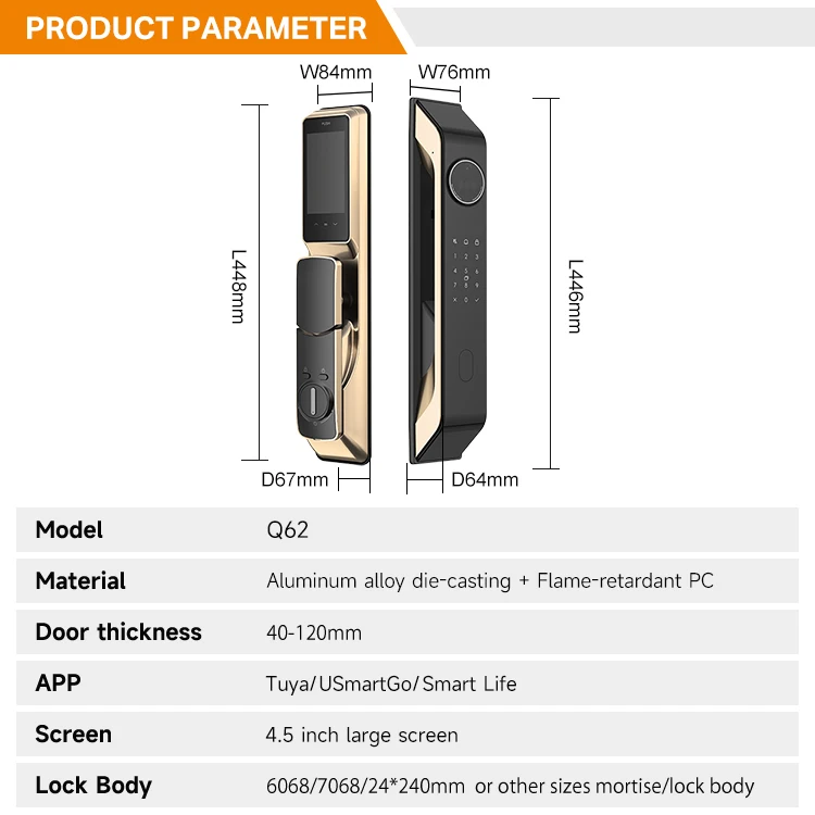 UIELOCK Q62 High Security 3D Face Recognition Smart Door Lock, Smart Fingerprint Door Lock, Smart Door Lock Camera