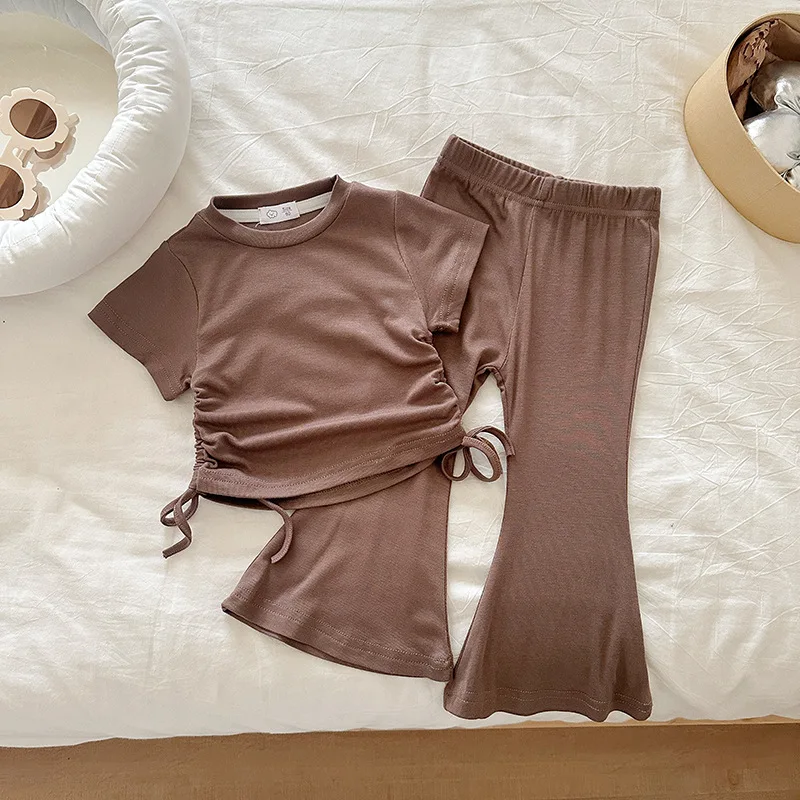 Girls Summer short-sleeved Trousers Suit short-sleeved Bell Pants Solid Color 2pcs Set Fashiona children's Summer Clothes