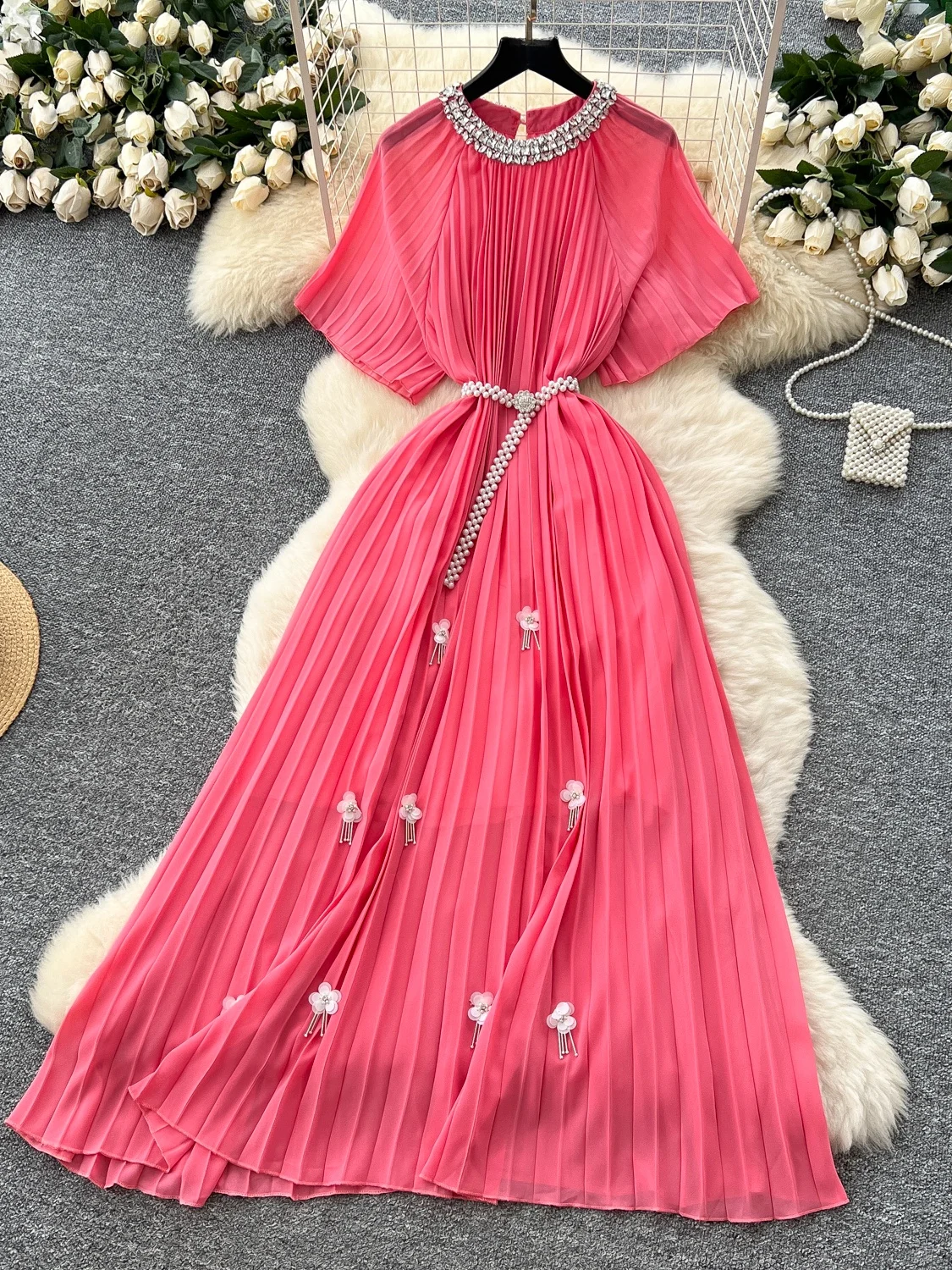 

Ele ort Sve Pearl Belted Dr Women's Summer Pleated High Waist Korean Sle Commute A-Line Midi Dr