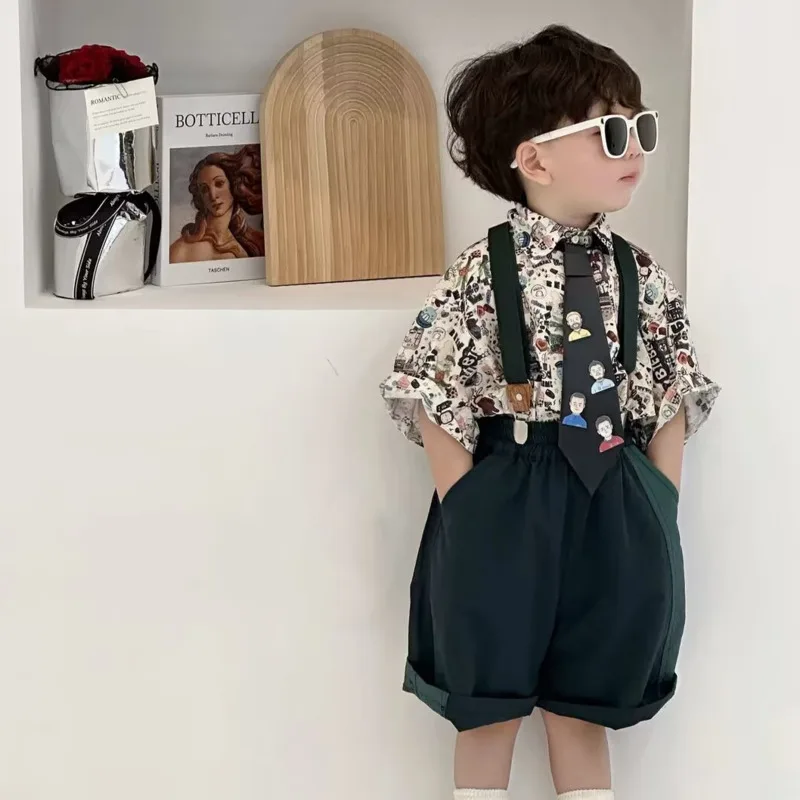 Boys' Suits Summer Korean Style Shirt Overall Tie Three-piece Sets 2023 Children's Fashion Retro Casual Cartoon Strap Shorts Set