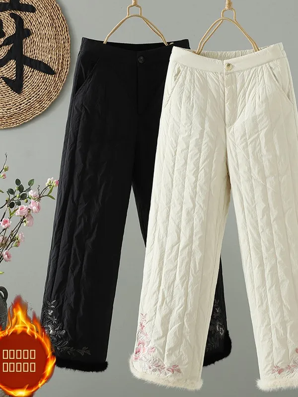 

Korean Chinese Sle Heavy Embroidery Warm Cotton Pants Women's plus Size Slim Straight Leg Trousers for Winter High Waist