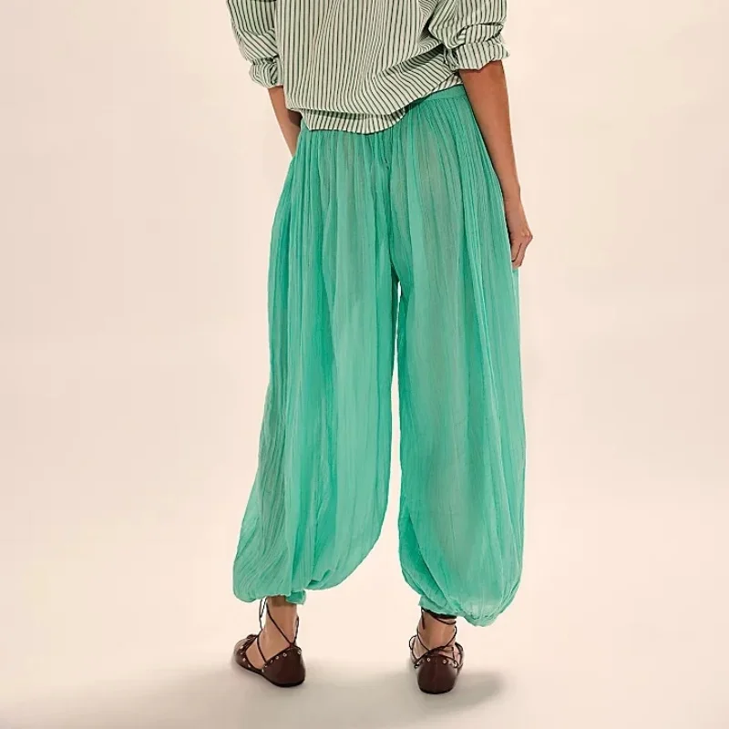 Womens Mesh Sheer Lantern Balloon Pants Casual Loose Fit Stylish Solid Color Drawstring Mid Rise Trousers Beachwear