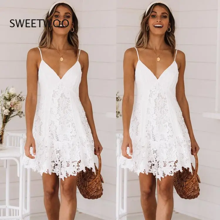 

Fashion Summer Dress 2022 Beach Womens Sexy Backless Spaghetti Strap Sundress Sleeveless V-Neck Lace Solid Camis Mini Dresses