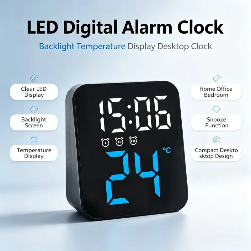 LED Digital Alarm Clock Electronic Digital Alarm Clock Screen Desktop Clock for Home Office Backlight Temperature Display