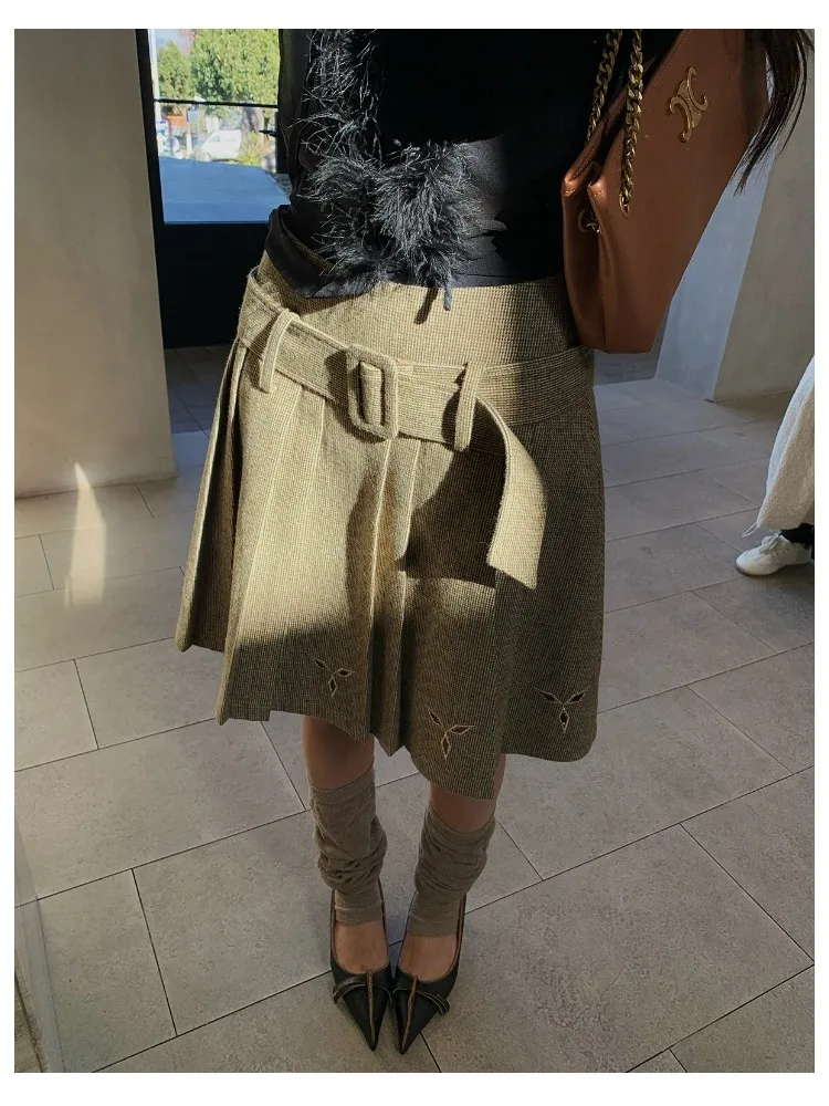 【MAR】Women's Early Spring Retro Hollow Embroidery Pleated Skirt A Line Slim Belt Midi Skirt