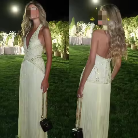 Customized Exquisite yellow Chiffon Evening Dress Elegant V-Neck Halter Homecoming Dress Classic Backless Special Occasion Gowns