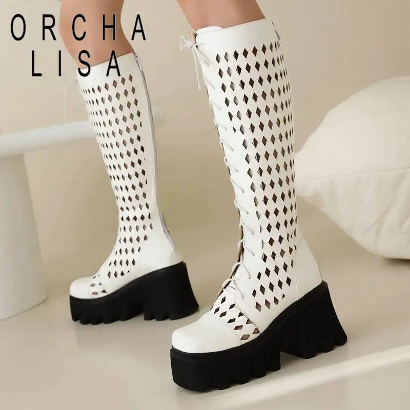

ORCHA LISA Women's Knee High Boots Square Toe Chunky Heels 8cm Platform 4.5cm Zipper Lace Up Hollow Big Size 42 43 Female Booty