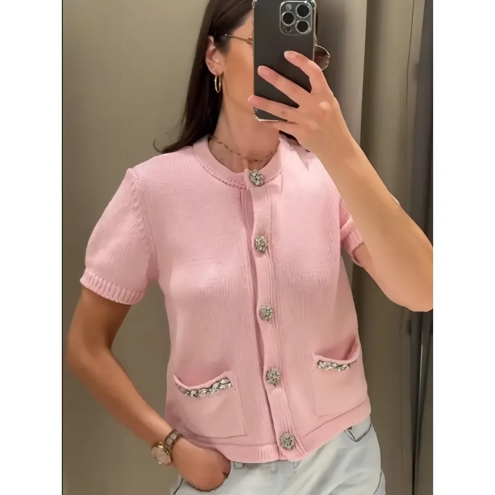 Women\'s 2024 Summer New Ruili Sweet Round Neck Short Sleeve Double Pocket Rhinestone Knitted Cardigan