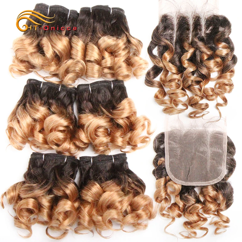 Ombre Curly Hair Bundles With Closure Brazilian Hair Weave Bundles With Closure 1B/27/4/30/33/99J Colored Bundles With Lace Clos