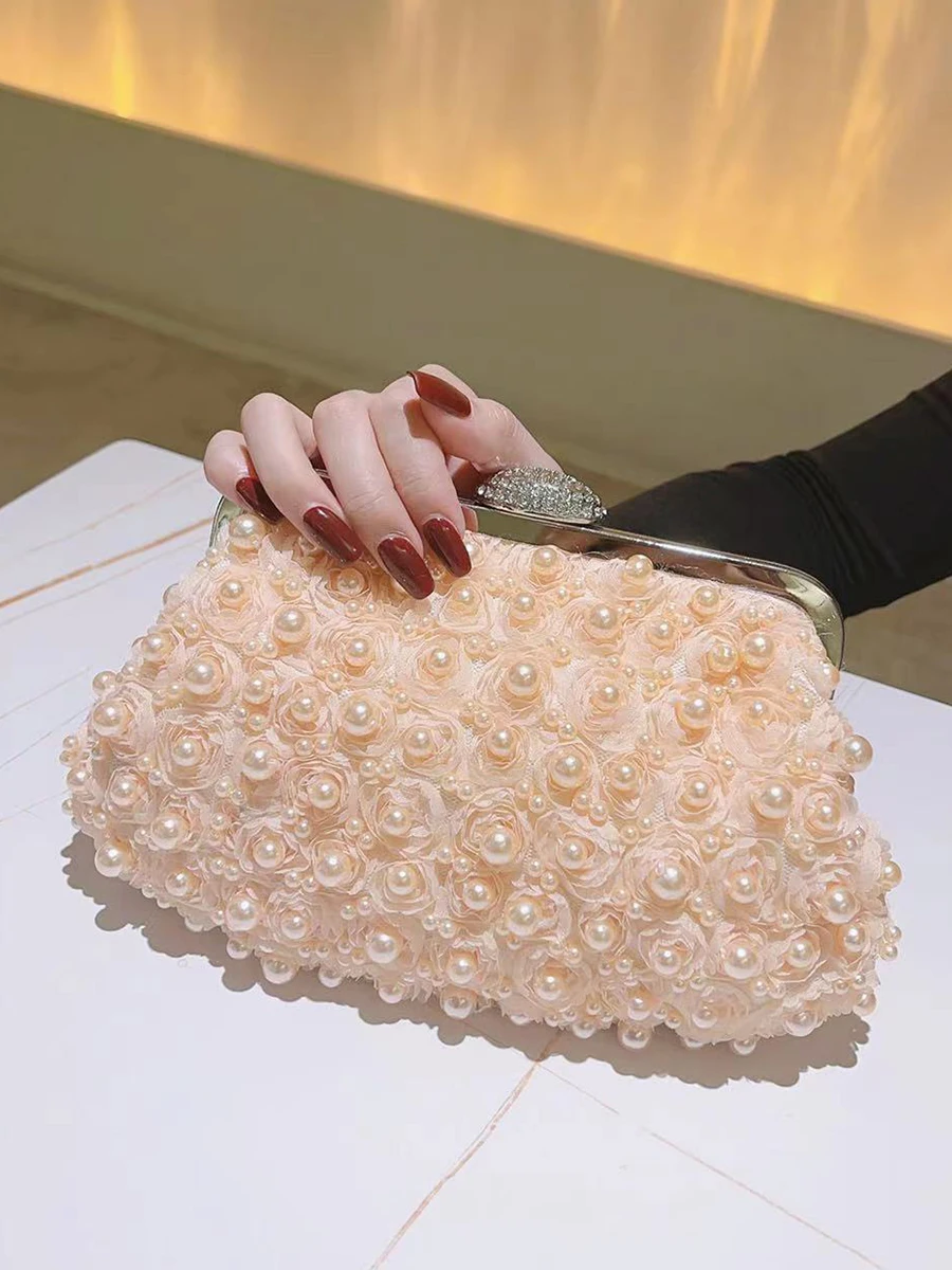 Pearl Clutch Beaded Evening Bag Women\'s Handbag Flower Dinner Bag For Socialite Wedding Bride Bridesmaid Party Purse