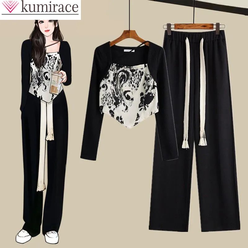 

Vintage Printed Long Sleeve T-shirt Casual Wide Leg Pants Two Piece Elegant Women's Pants Set Summer Sports Set Outfits for 2023