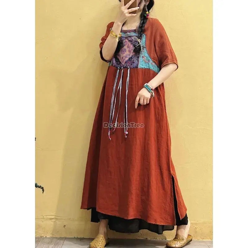 2023 summer chinese ethnic style embroidery linen dress short sleeve square collar long vintage dress women national dress s284