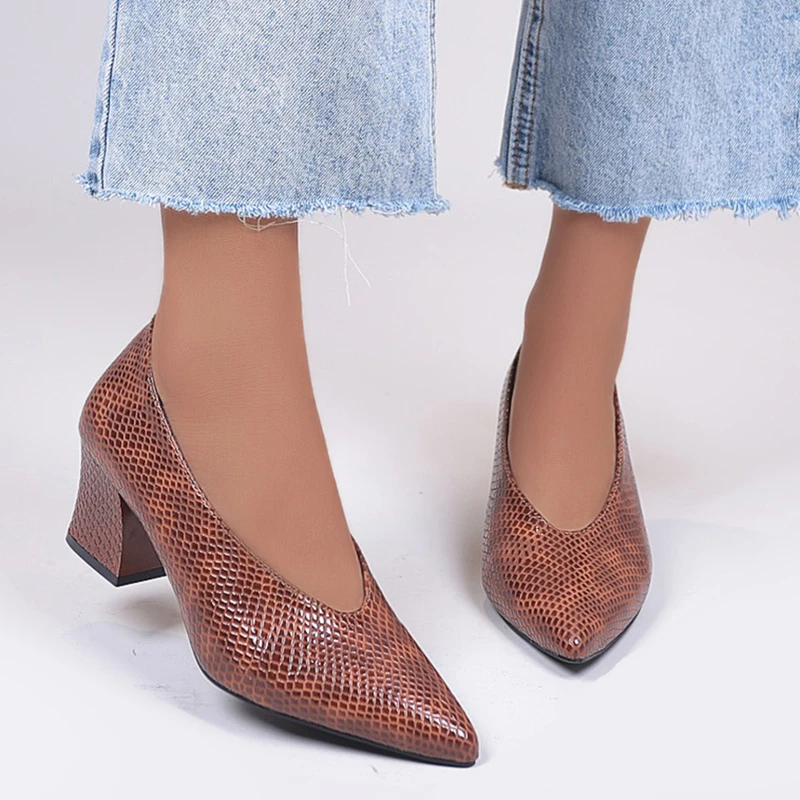 2022 Spring and Autumn New Snake Scale Pattern Bright Leather Pointed Large Size Single Shoes Shallow Mouth Lazy High Heels