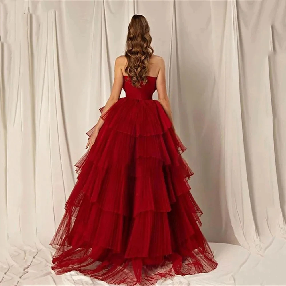 Yipeisha Simple Elegant Tulle Red Formal Evening Dresses Tiered Strapless Sleeveless Formal Party Prom Gowns