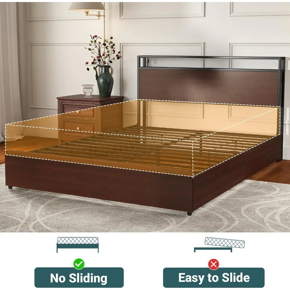 Marco de cama tamaño Queen/Full con 4 cajones de almacenamiento y cabecero con luz LED de almacenamiento de 2 niveles, sin ruido, No requiere somier